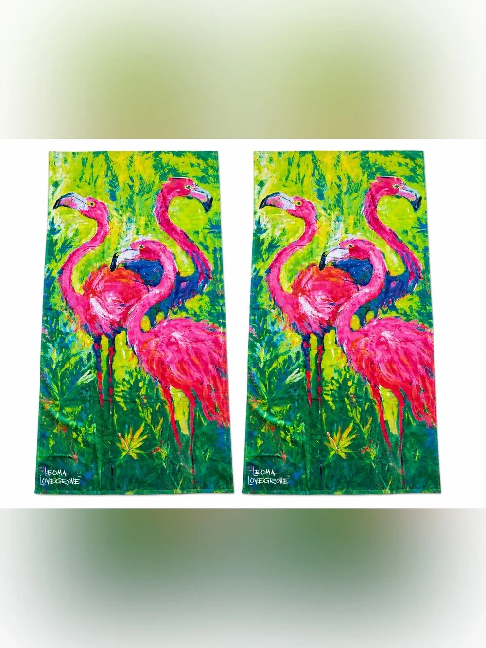 TWO! Leoma Lovegrove Flamingo Beach Towels Tropical Pink Flamingo Art 70x34
